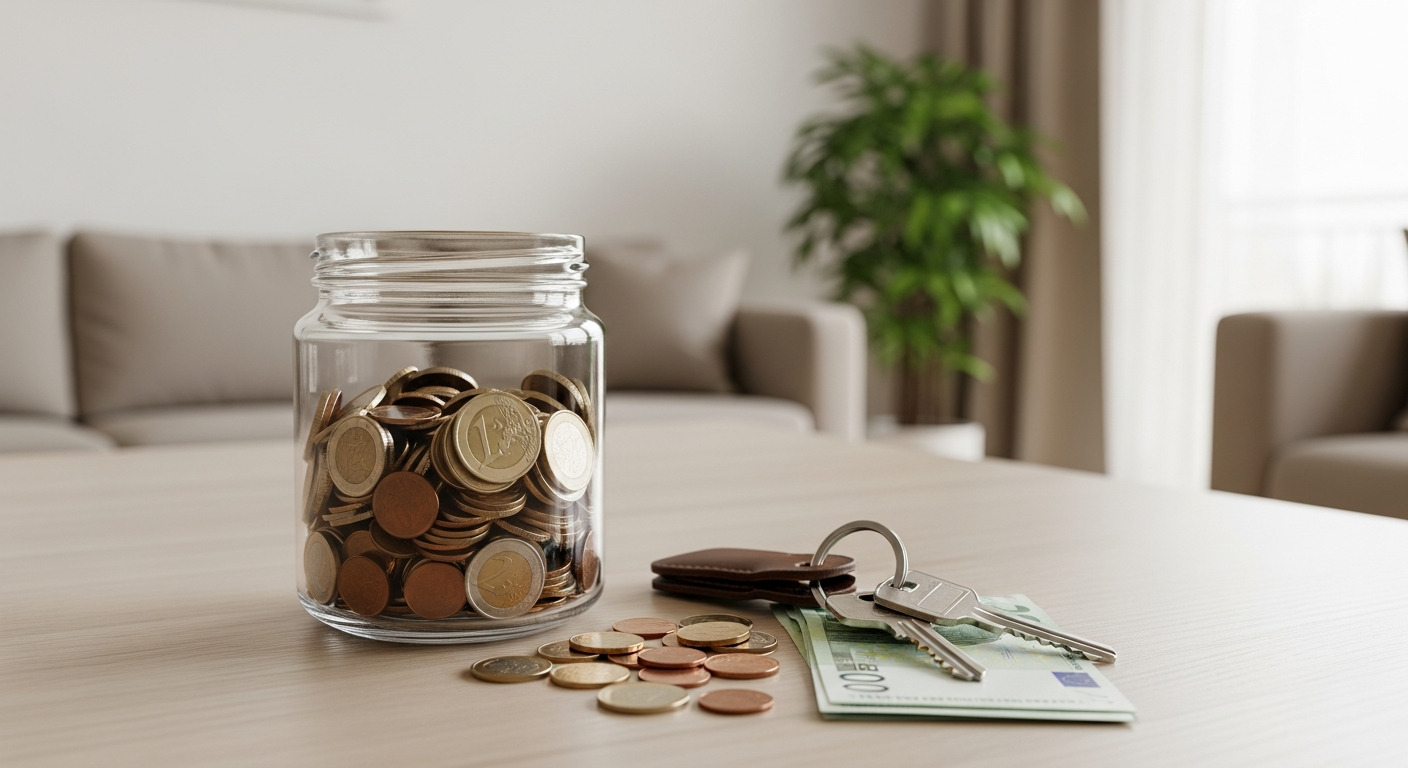 Main plaçant une pièce dans une tirelire en forme de maison, symbolisant l'économie réalisée