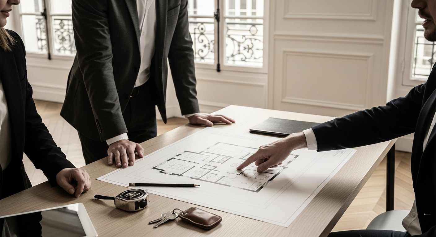 Personne pointant un détail sur un plan lors d'une visite immobilière